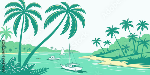 A serene tropical island with palm trees and a boat on the water Vector
