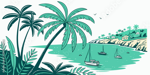 A tropical island with palm trees and boats Vector
