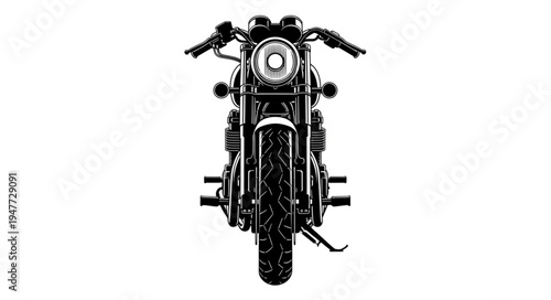 Front view of a classic black motorcycle on a white background.