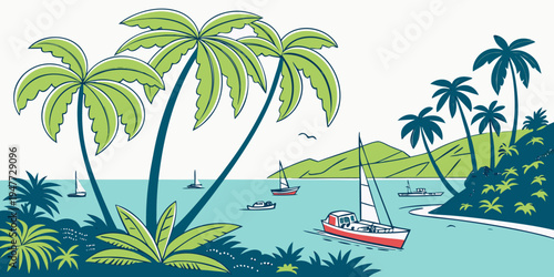 A serene tropical bay with palm trees and a sailboat Vector