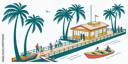 A colorful illustration of a tropical pier with palm trees and a boat Vector