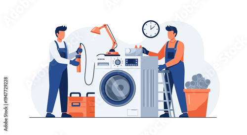 Two Technicians Repairing a Washing Machine with Tools.