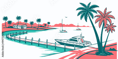 A serene tropical harbor scene with boats and palm trees Vector