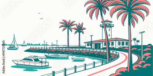 A scenic view of a tropical coastal town with palm trees and boats Vector