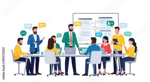 Team meeting in a modern office with diverse professionals collaborating effectively.