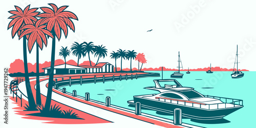 A colorful illustration of a tropical harbor scene Vector