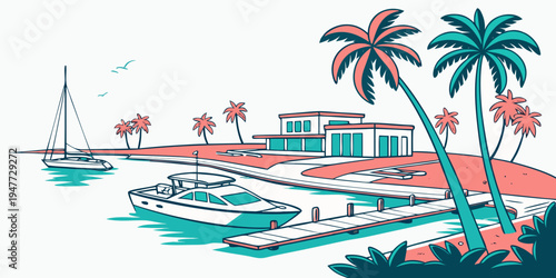 A tropical island with palm trees and a boat dock Vector