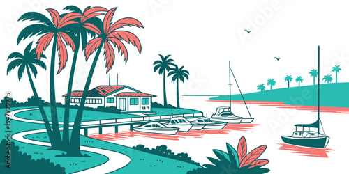 A tropical island scene with palm trees and boats Vector