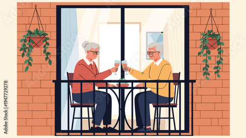 Happy elderly couple enjoying romantic candlelit dinner with wine on their apartment balcony overlooking a brick wall.