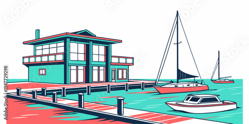 A house on the water with a boat docked next to it Vector