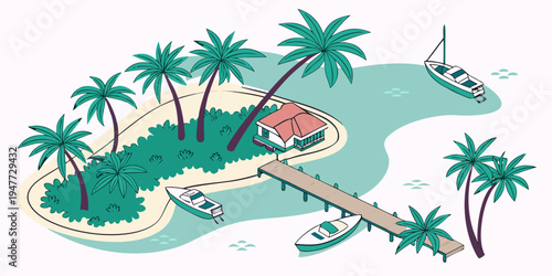 A tropical island with palm trees and a dock Vector