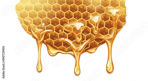 Golden honey drips from a honeycomb structure in a close-up view