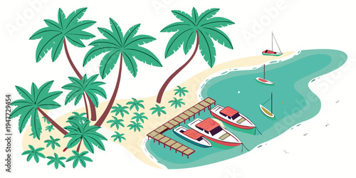 A tropical island with a boat and palm trees Vector