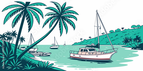 A boat is floating on the water near the shore Vector