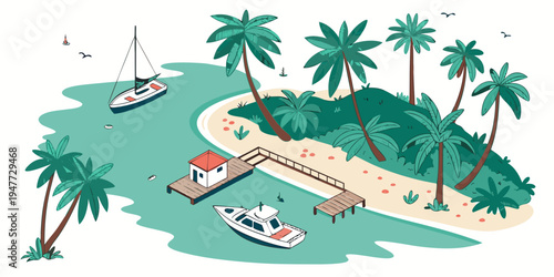 A tropical island with palm trees and boats Vector
