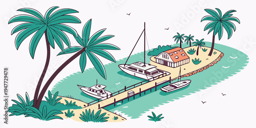 A tropical island with a dock and palm trees Vector