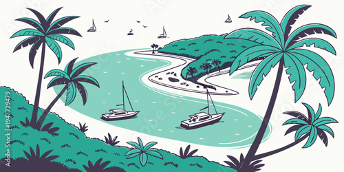 A serene tropical bay with palm trees and sailboats Vector