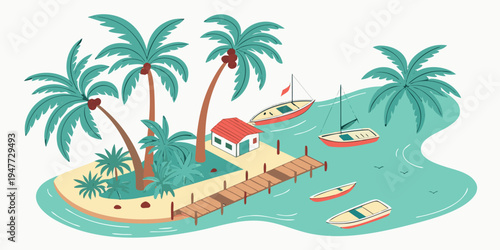 A tropical island with palm trees and a dock Vector