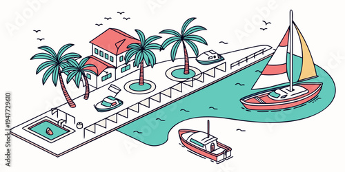 A colorful cartoon illustration of a tropical island with a dock and boats Vector