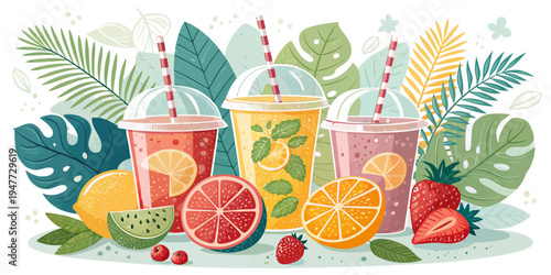 A colorful illustration of three refreshing drinks with straws surrounded by tropical leaves and fresh fruits