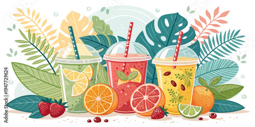 A colorful illustration of three refreshing drinks with straws surrounded by fruits and leaves