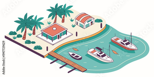 A small island with a dock and boats Vector