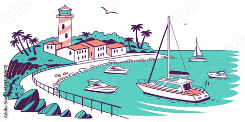 A colorful illustration of a lighthouse by the sea with boats Vector