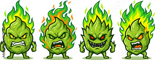 Four Angry Green Cartoon Buds On Fire With Pixel Art Style