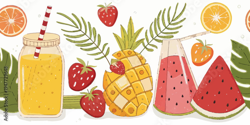 A colorful vector illustration of fresh fruit and juice glasses