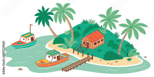 A small island with a house and boats Vector