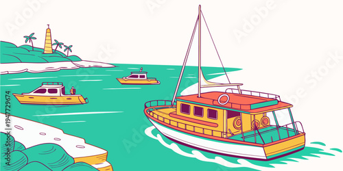 A large boat sailing on the water with others nearby Vector