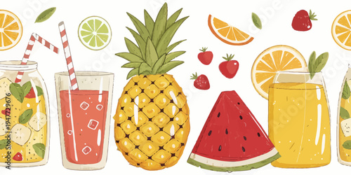 A colorful illustration of various fruits and refreshing summer drinks in glasses