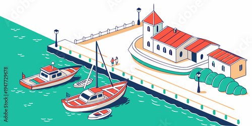 A small harbor with boats and a building Vector