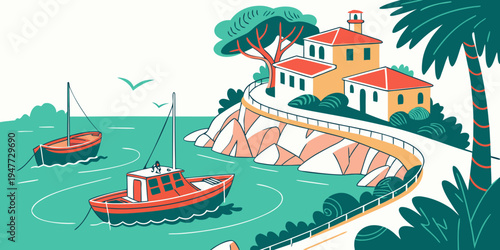 A red boat sailing near a coastal town with palm trees Vector