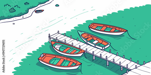 A group of small orange boats on the water Vector