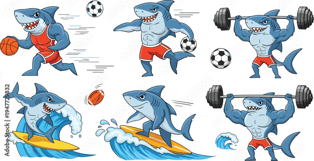 Obraz premium Sporty Shark Mascot Set Playing Basketball, Soccer, Surfing, and Weightlifting Cartoon Illustration