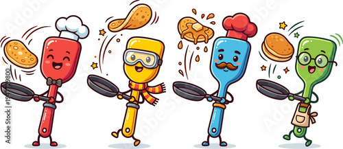 Four Anthropomorphic Kitchen Utensils Flipping Pancakes In A Playful Cooking Scene