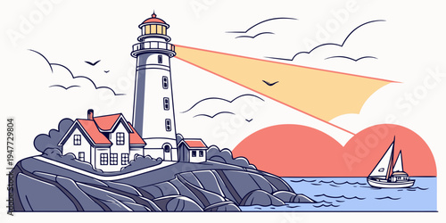 A lighthouse on a rocky coastline at sunset Vector