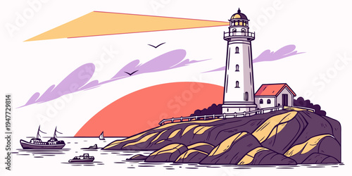 A lighthouse on a rocky cliff by the sea Vector