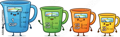 Four Anthropomorphic Measuring Cups With Happy Faces In A Row On White Background
