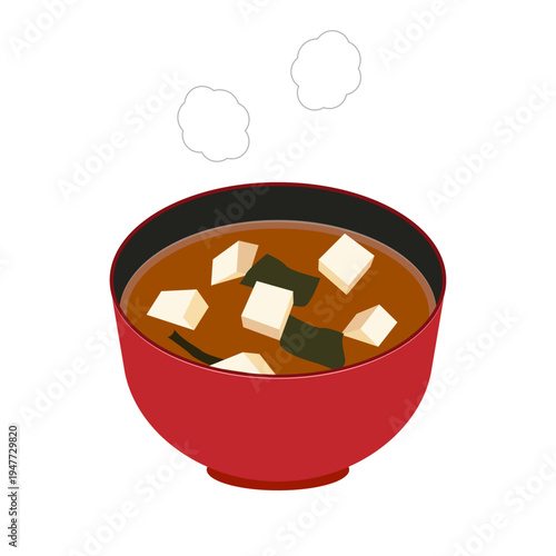 椀に入った豆腐とワカメの赤味噌の味噌汁のイラスト