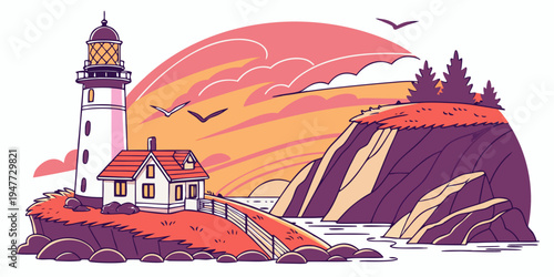 A lighthouse on a rocky coastline at sunset Vector