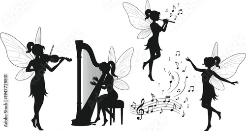 Musical Fairy Silhouettes Playing Violin, Harp, and Flute with Floating Music Notes Fantasy Illustration