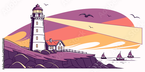 A lighthouse on a rocky coastline at sunset Vector