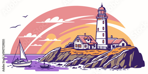 A lighthouse on a rocky cliff by the sea Vector