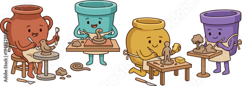 Four Anthropomorphic Pots Crafting Pottery Art Together White Background