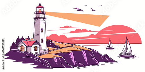 A lighthouse on a rocky coastline at sunset Vector