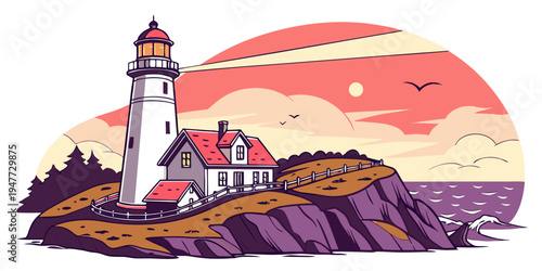 A white lighthouse on a rocky cliff with a red roof Vector