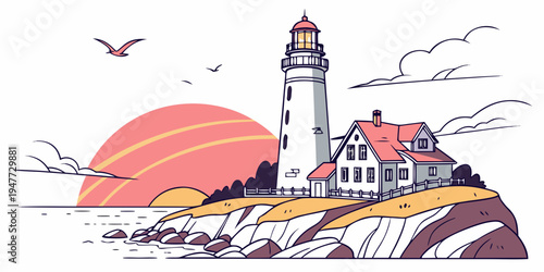 A lighthouse on a rocky coastline at sunset Vector