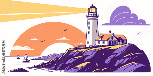 A lighthouse on a rocky cliff with a house and a sunset Vector